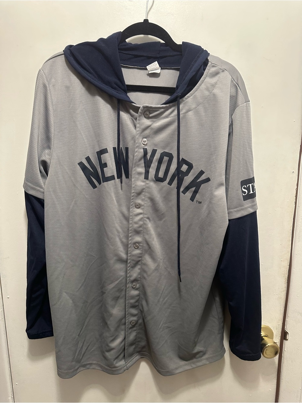 New York Yankees Hooded Pullover Jersey Adult XL Gray Navy Long Sleeve MLB Starr
